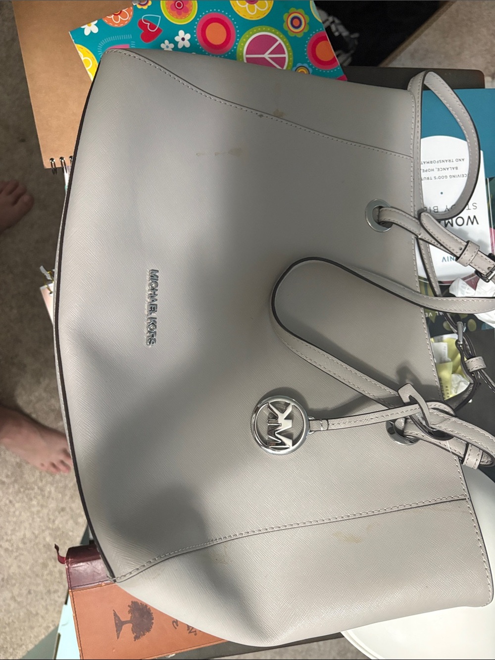 Michael Kors Light Gray Saffiano Leather Tote with MK Charm